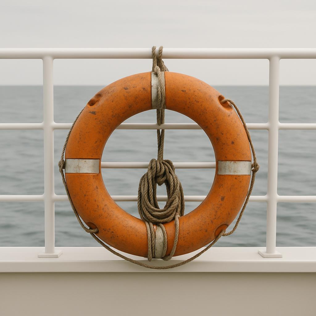 A bright orange life ring, white guardrail, and sea in the grey distance.