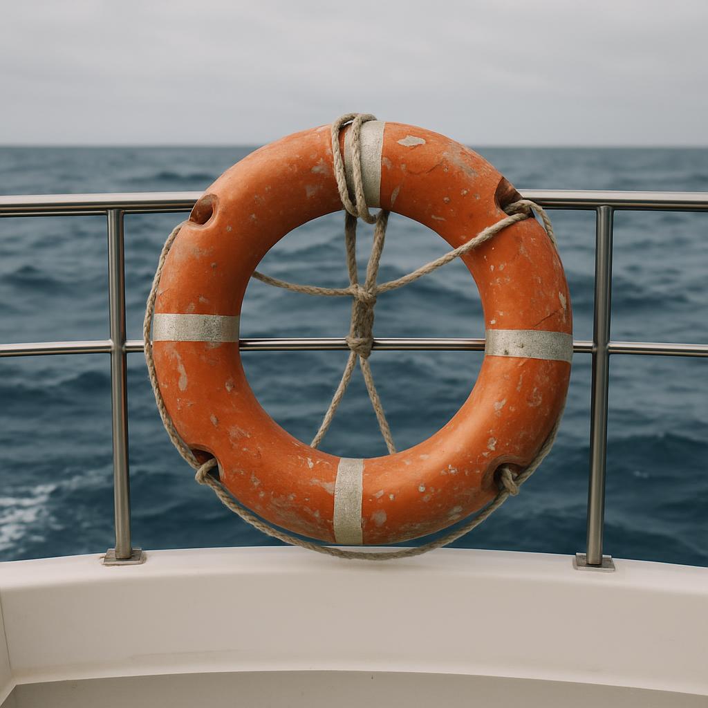 Orange lifebuoy with rope on a boat railing, ocean in the background.